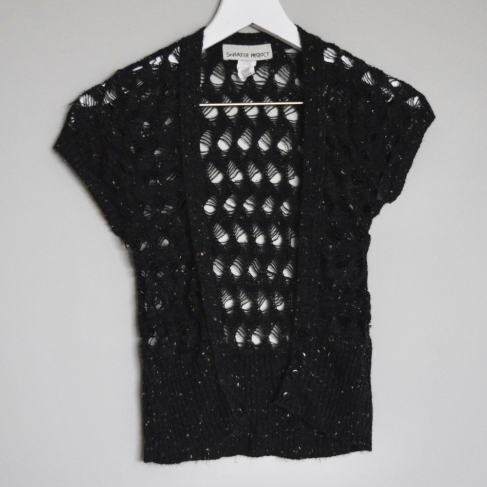Sweater Project Black Cropped Open-Stitch Cardigan